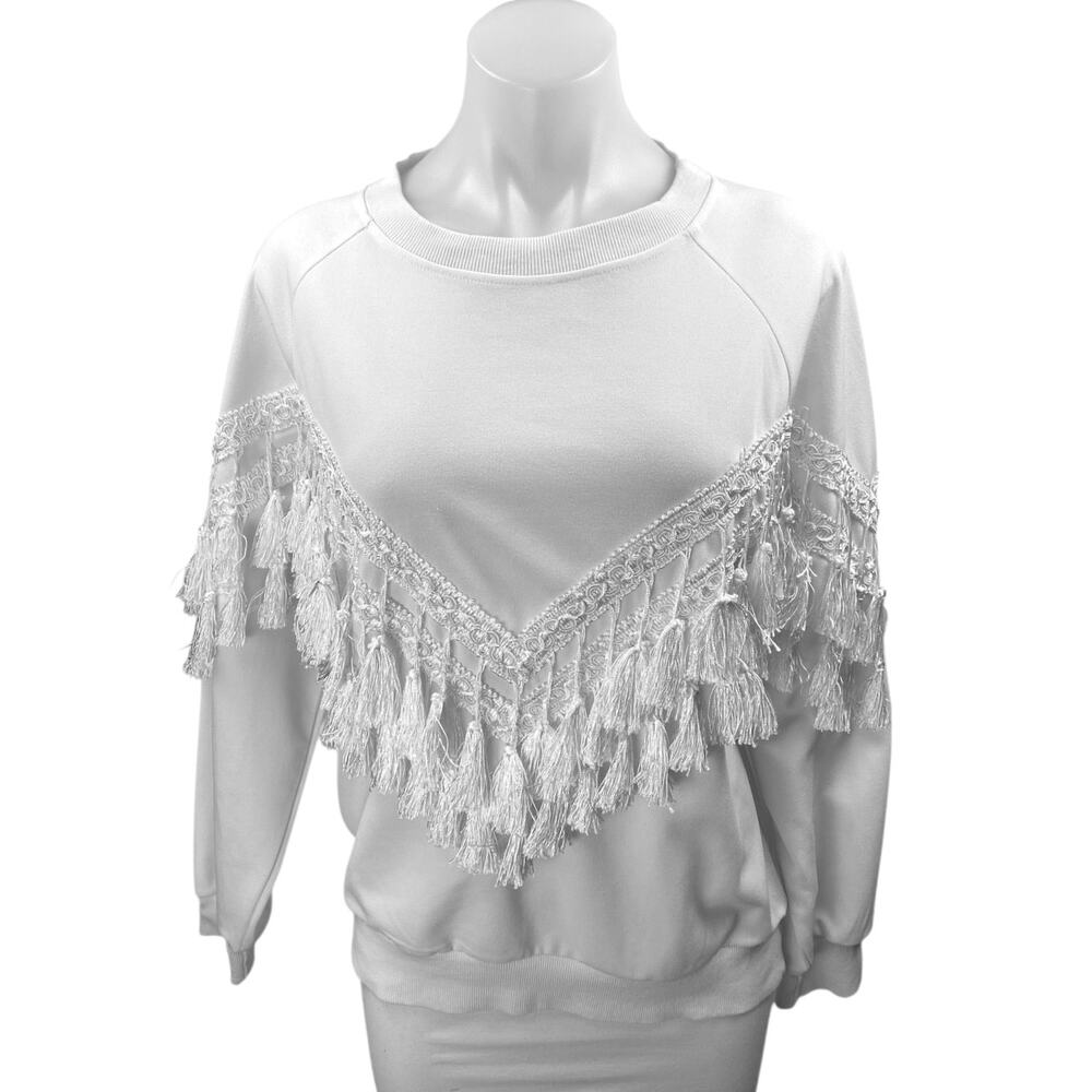 Vera & Lucy Women's White Tassels Fringe Long Sleeve Sweatshirt Sweater Top Sz M
